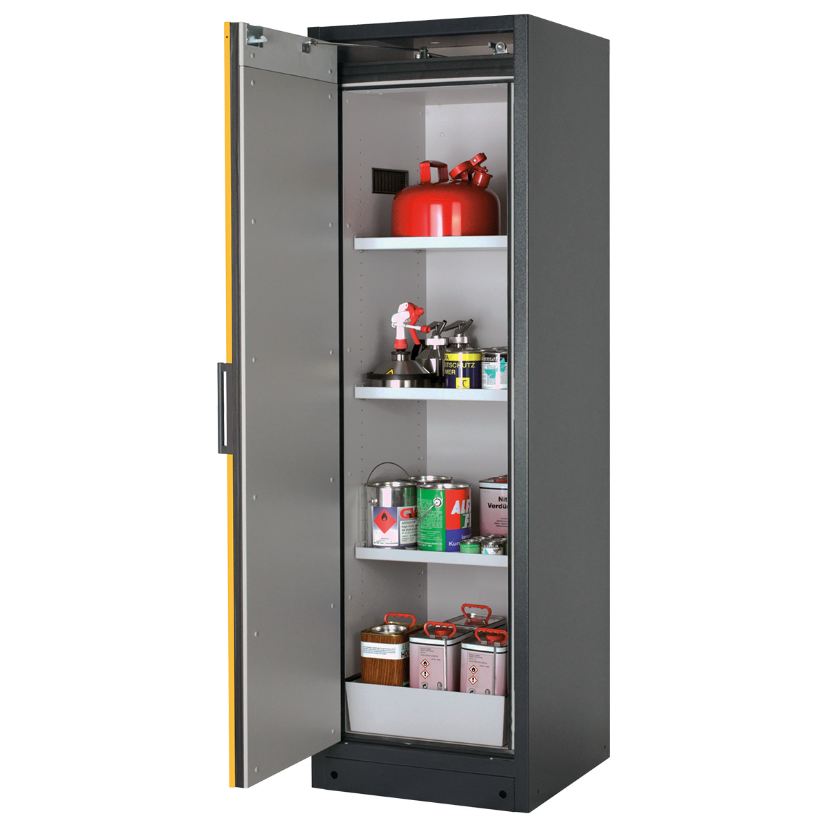 Armoire de sécurité type 90, avec fermeture de porte, anthracite/jaune, largeur 59,9 cm, 1 porte battante, 3 étagères, 1
plateau perforé, 1 bac inférieur