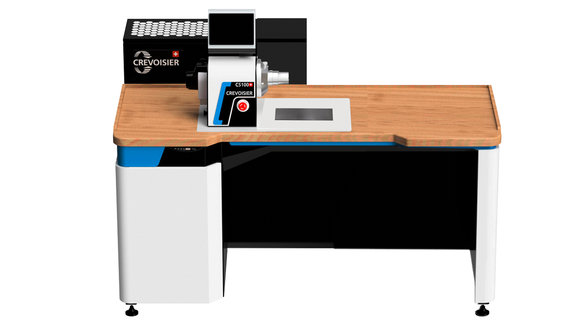 Crevoisier C5100 (M8) avec table de travail DSG-Comfort, incl. encadrement, incl. aspiration, plateau de
table avec revêtement en bois naturel laminé, bloc d'alimentation en bas (400 V)