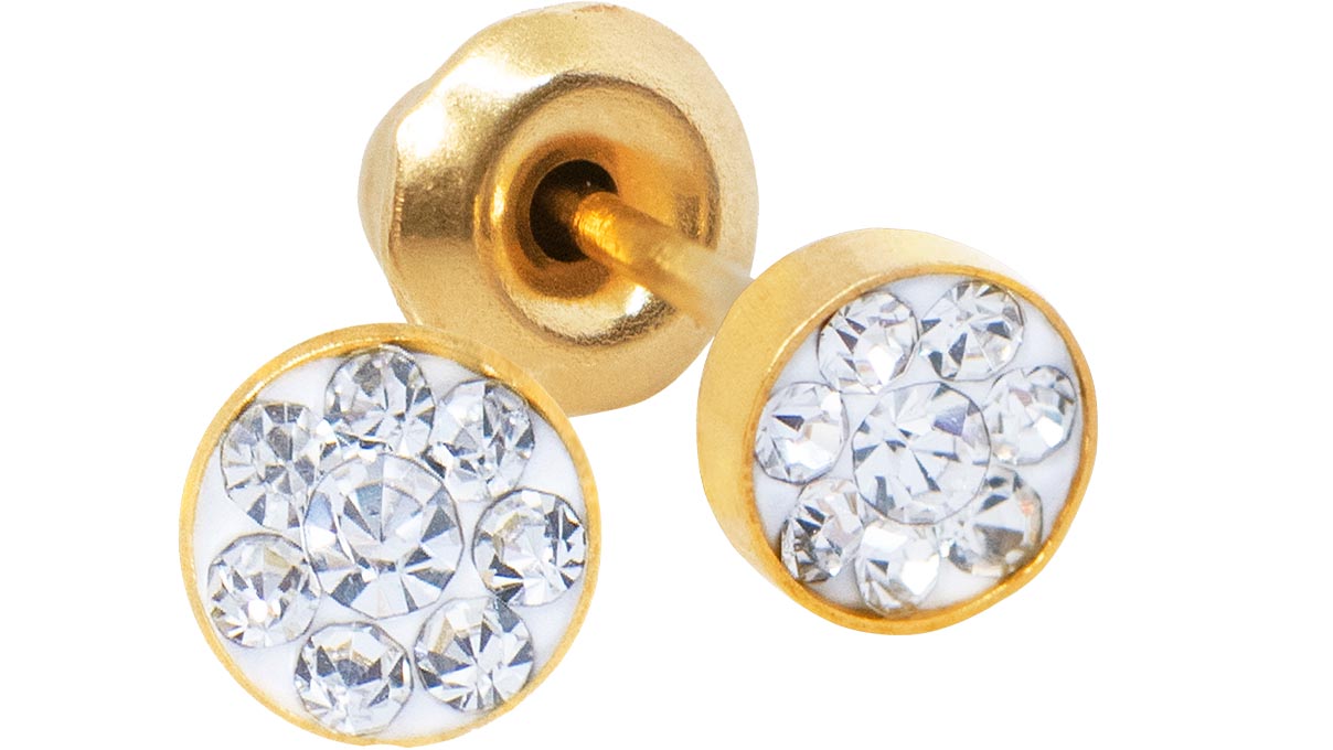 QPP Ohrstecker A20, Rund Ø 4 mm, Zirkonia weiß, Edelstahl gelb vergoldet, 1 Paar