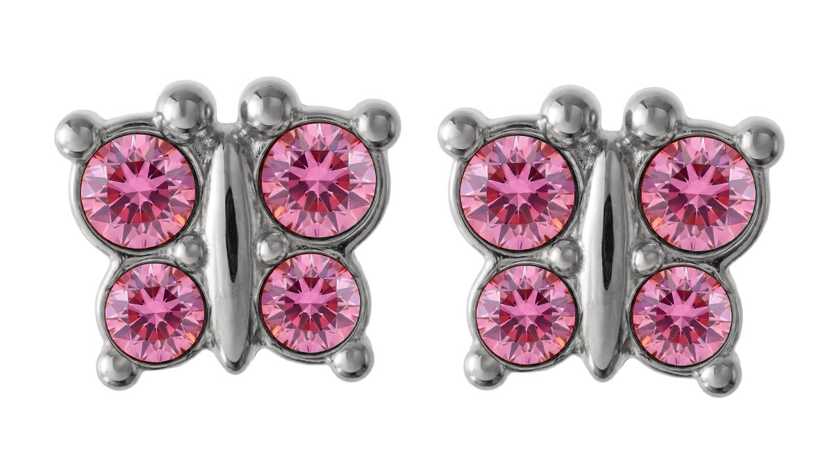 QPP puces d'oreilles K13, papillon, cristal rose, inox blanc, 1 paire