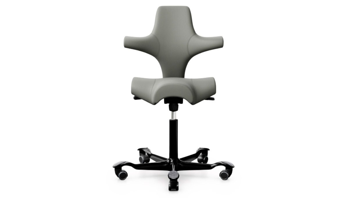 Chaise de bureau Capisco 8106, vérin à gaz 200 mm, tissu Paloma Soft ATG55115, roulettes pour sols durs,
piètement noir