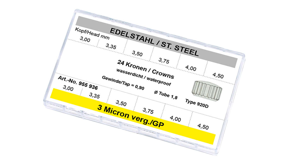 Assortiment 24 couronnes 920 D, étanches, inox et 3 µm OJ, Ø 3 - 4,5 mm, filetage 0,9 mm, tube 1,8 mm, court