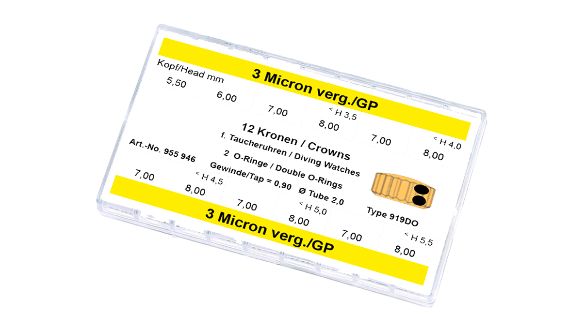 Assortiment de Couronne pour les montres de plongée 919DO, 12 pièce, 3 microns jaune, hauteur 3,5, Ø 5,5-8,0, hauteur 4,0, Ø 7,0-8,0, hauter 4,5, Ø 7,0-8,0, hauteur 5,0, Ø 7,0-8,0, hauteur 5,5, Ø 7,0-