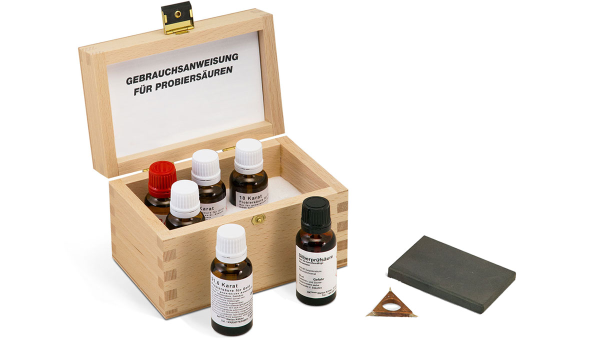 Kit de test acide pour l'or et l'argent,  boîte en bois, pierre de test,  nettoyant de pierre, toucheau étoile