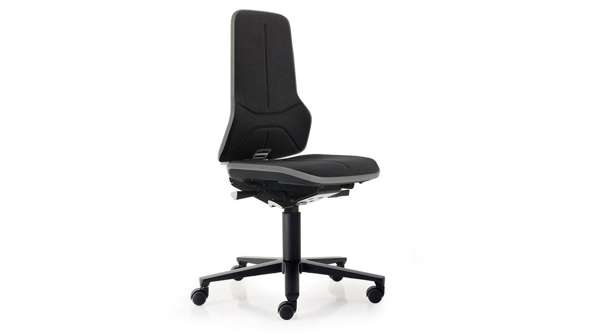 Bimos Neon siège de travail 9563 ESD, hauteur d'assise 45 - 62 cm, technique de synchronisationt,
piétement noir, roulettes souples pour sols durs, sans élément rembourré