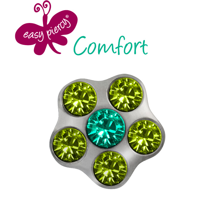 Easy Piercy Comfort 1 paire de boutons d'oreilles Flower Ø 5,0 mm, blanc, imitation turquoise/péridot