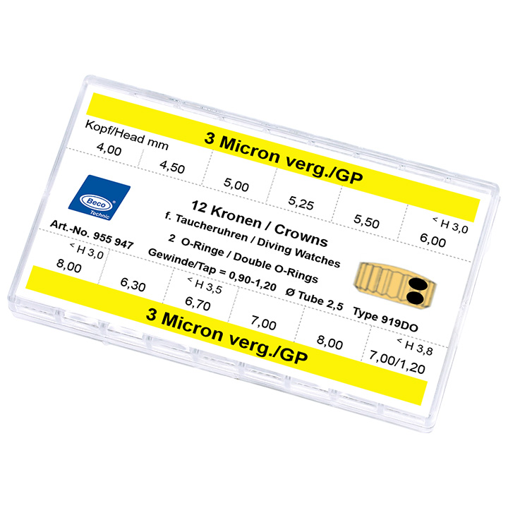 Assortiment de Couronne pour les montres de plongée 919DO, 12 pièce, 3 microns jaune, hauteur 3,0, Ø 4,0-8,0, hauteur 3,8, Ø 7,0-8,0, tubus 2,0, filetage 0,9, hauteur 3,0, Ø 5,5-6,0, filetage 1,2, éta