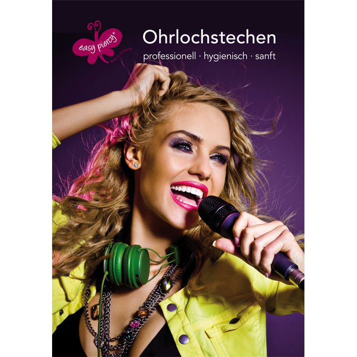 Easy Piercy présentoir de comptoir DIN A4 avec image : femme avec microphone