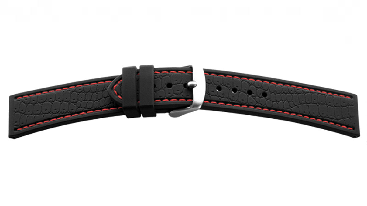Bracelet  de montre, silicone, noir/rouge, largeur 22 mm, cornes 20 mm, longueur 120 + 80 mm