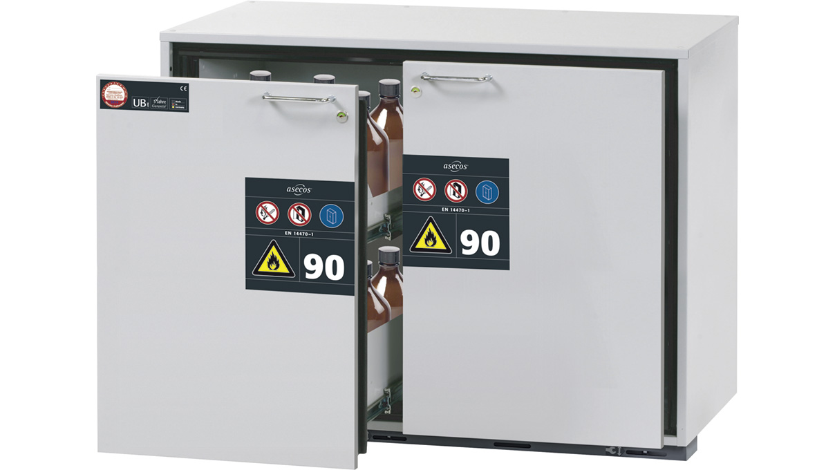 Armoire de stockage sous paillasse type 90, largeur 110,2 cm, 2 tiroirs, kit d'équipement inclus