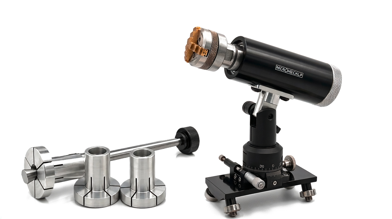Micromecalp Lapino avec Nano X36, chariot de lapidage avec réglage micrométrique, M14, incl. trois mandrins à pinces standard (Ø
40 mm de diamètre, adaptables individuellement), Nano X36 avec mâchoires en laiton variables