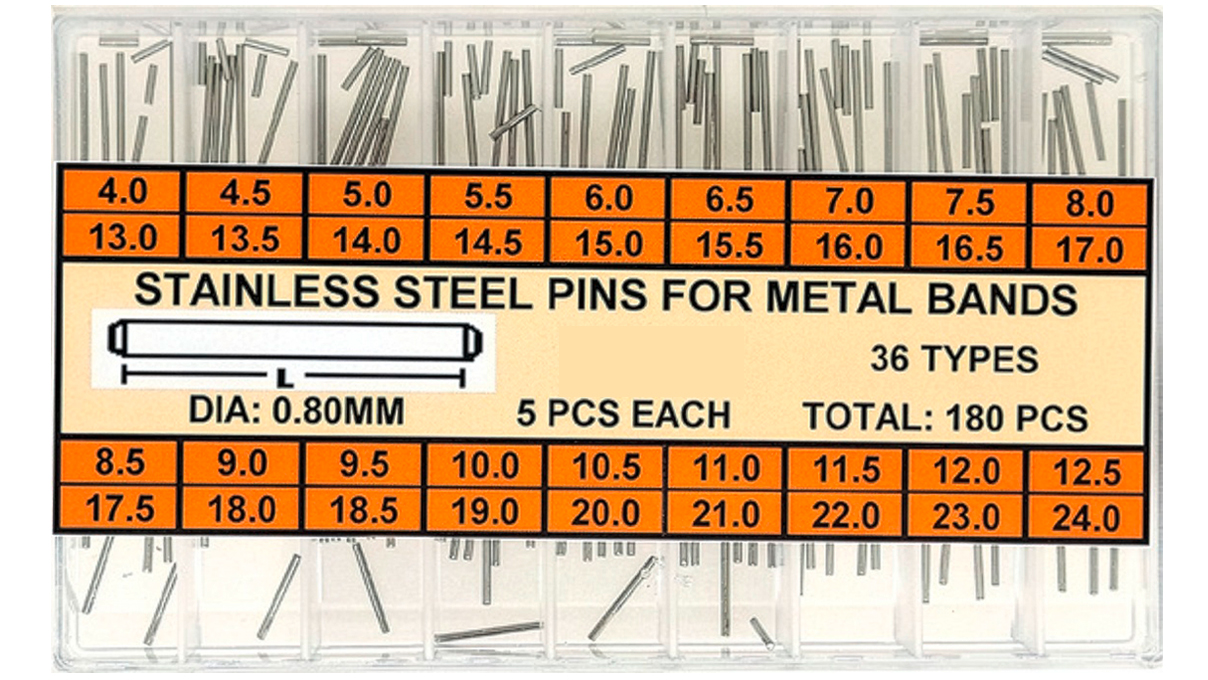 Assortiment de pompes de bracelet, Ø 0,8 mm, longueur 4 à 24 mm, 36 types à 5 pièces, 180 pièces
