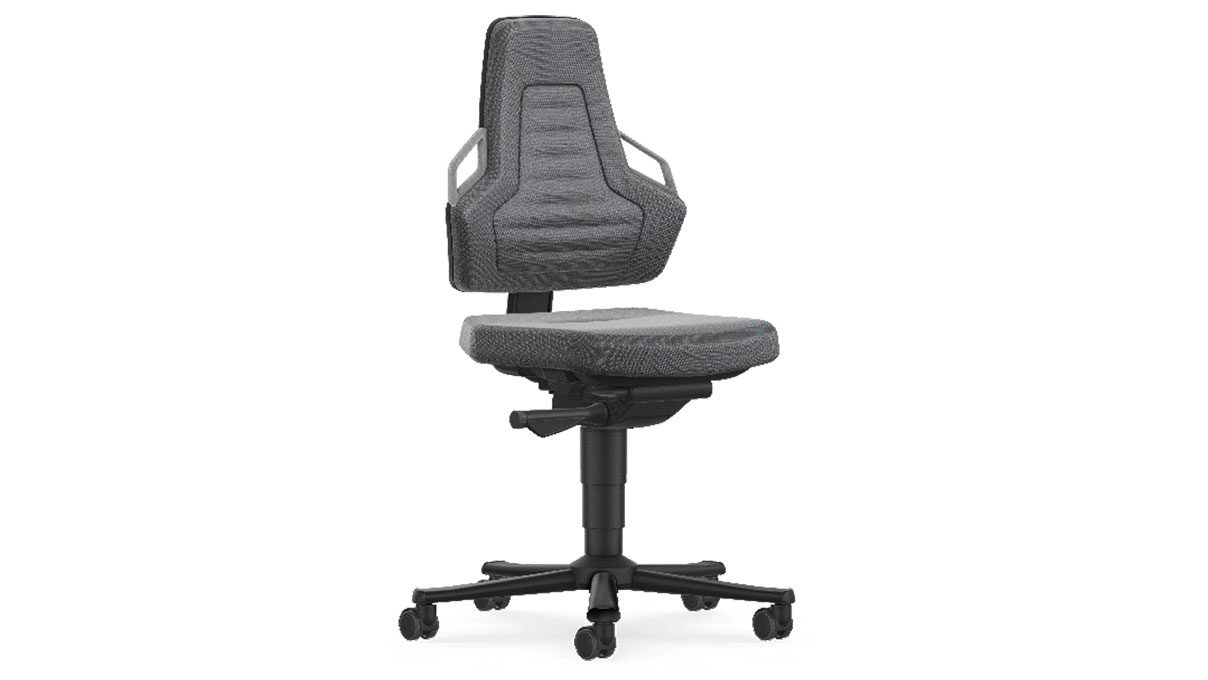 Bimos Nexxit 2 siège de travail avec roulettes, hauteur d'assise 45 - 60 cm, technique synchrone,
piétement noir, rembourrage en tissu gris, bande flex grise