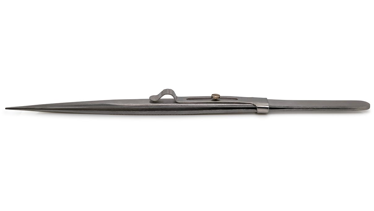 Brucelles avec fermeture, pointes avec rainures et taille, longueur 165 mm