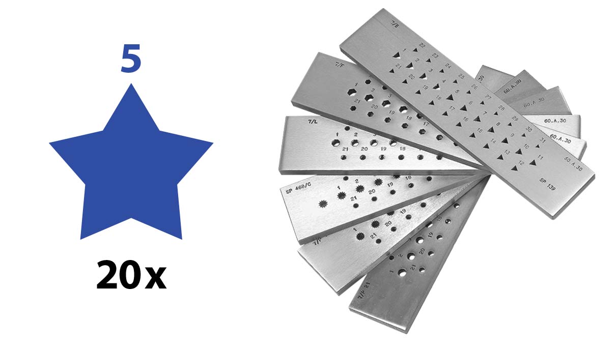 Filières à étirer, Acier, Étoile (5 branches), 20 trous, 3 - 1 mm