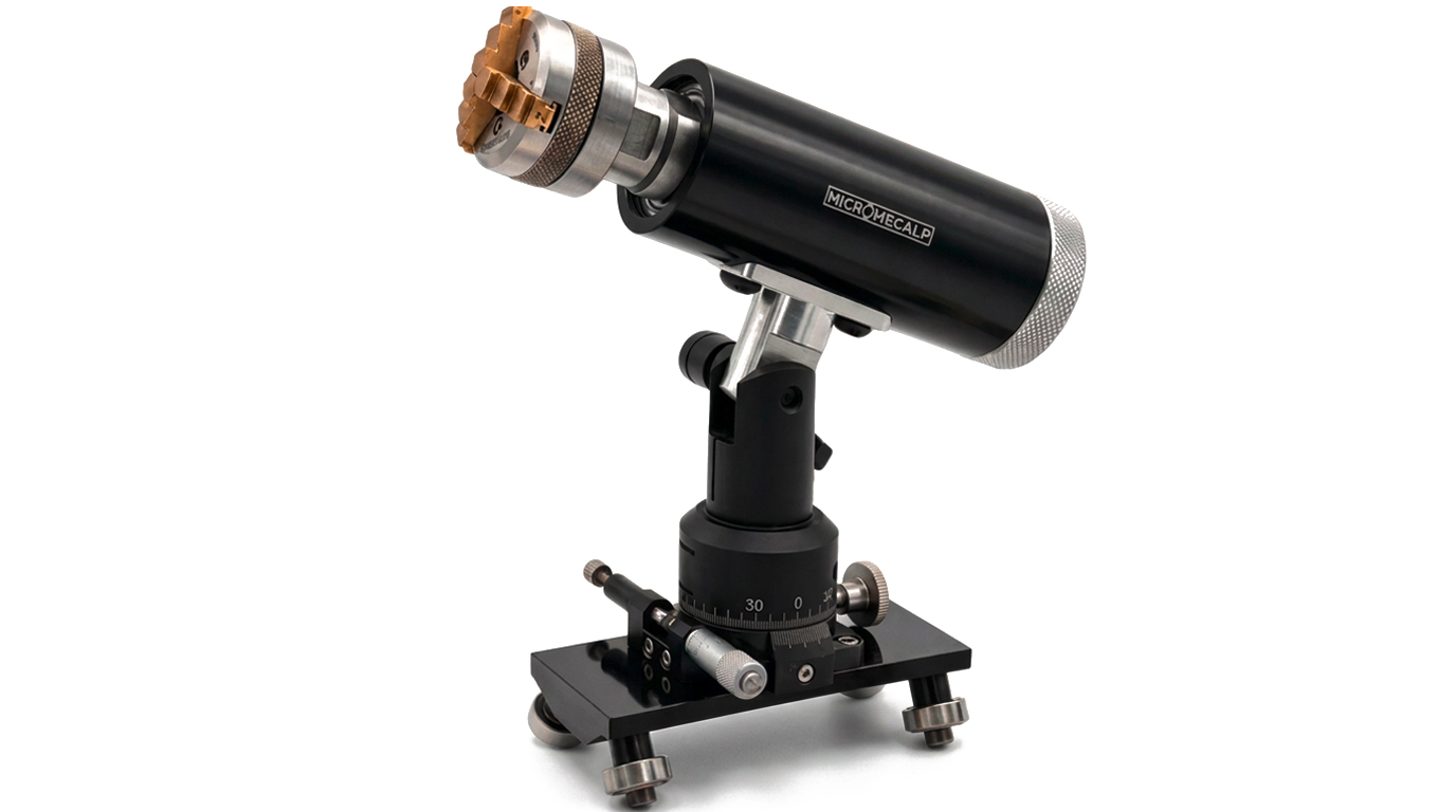 Micromecalp Lapino avec Nano X36, chariot de lapidage avec réglage micrométrique, M14, incl. trois mandrins à pinces standard (Ø
40 mm de diamètre, adaptables individuellement), Nano X36 avec mâchoires en laiton variables