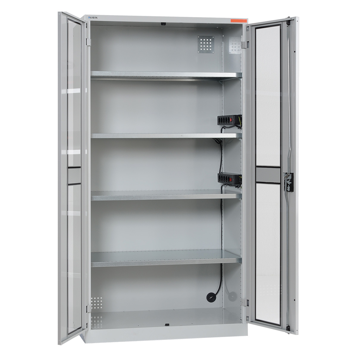 Armoire Lista à portes battantes avec alimentation, 10 prises, fenêtres, 4 rayons ajustables, gris clair, Key Lock