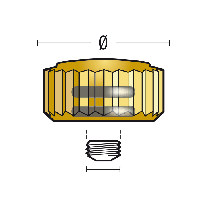 Couronne pour les montres de plongée 919 DO, 3 microns jaune, hauteur 5,5, Ø 8,0, tubus 2,5, filetage 0,9, étanche, 2 joints toriques