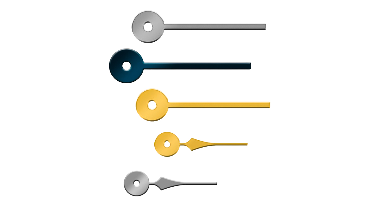 Assortiment de 45 áiguilles petite secondes (SS) / chrono compteur áiguilles, Ø trous
0,18/0,20/0,22/0,24/0,26/ 0,28+0,18/0,20/0,28 mm couleur doré jaune, nickel et noir bleuté longuer 3 - 5
mm
