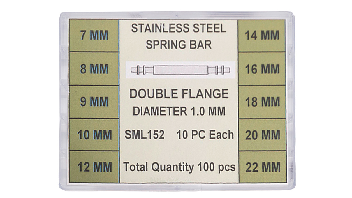 Assortiment de 100 barrettes à ressort en acier inoxydable à double ergot, Ø 1 mm, 10 x longueur  7 / 8 / 9
/ 10 / 12 / 14 / 16 / 18 / 20 / 22 mm
