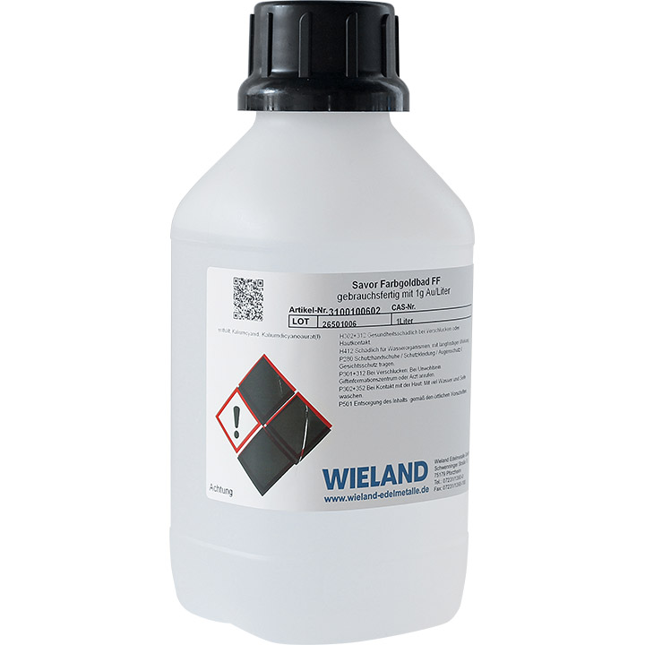 Bain d'or coloré Savor avec 1 g Au/l, cyanuré FF (couleur d'or fin) (prêt à l'emploi 1 litre)
