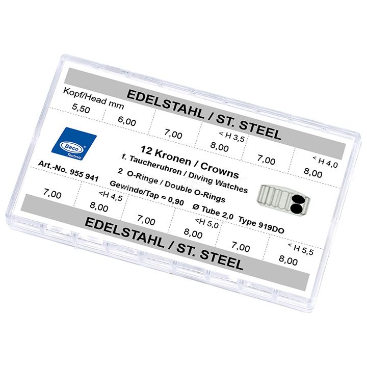 Assortiment de Couronne pour les montres de plongée 919DO, 12 pièce, acier inoxydable, hauteur 3,5, Ø 5,5-8,0, hauteur 4,0, Ø 7,0-8,0, hauter 4,5, Ø 7,0-8,0, hauteur 5,0, Ø 7,0-8,0, hauteur 5,5, Ø 7,0