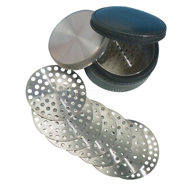 Tamis à pierre 40 pièces Ø 70/66 mm dans un étuis en cuir