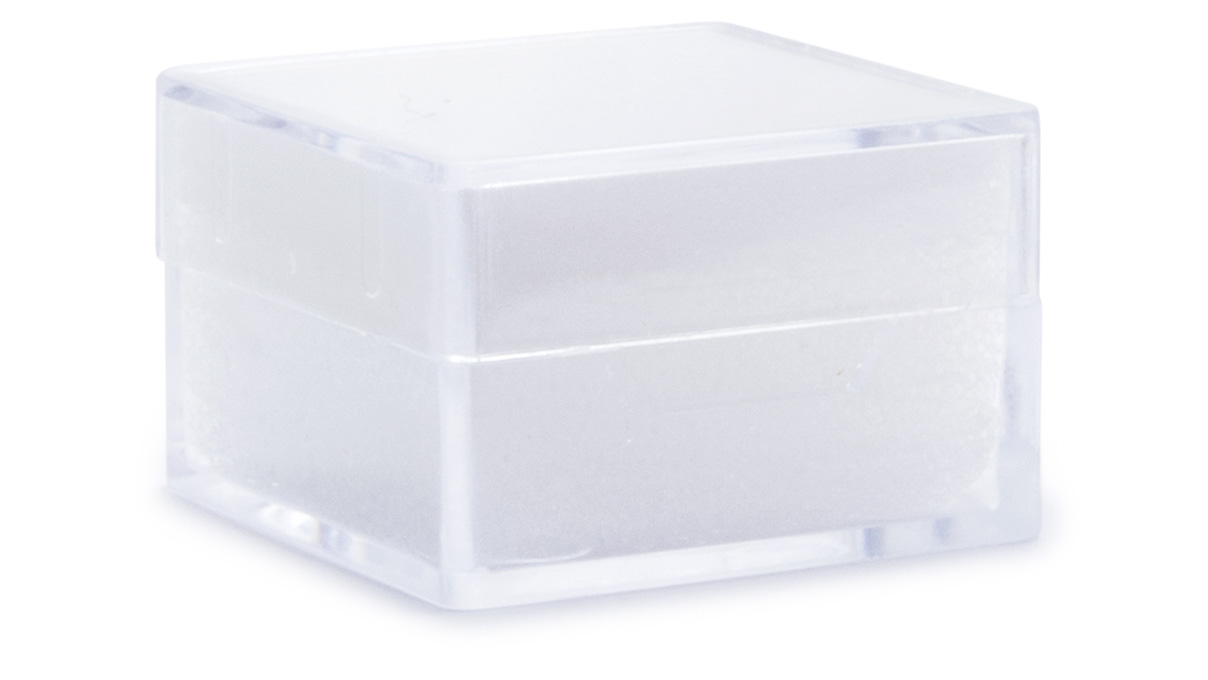 Boîte transparente avec mousse blanche, 25 x 25 x 16 mm