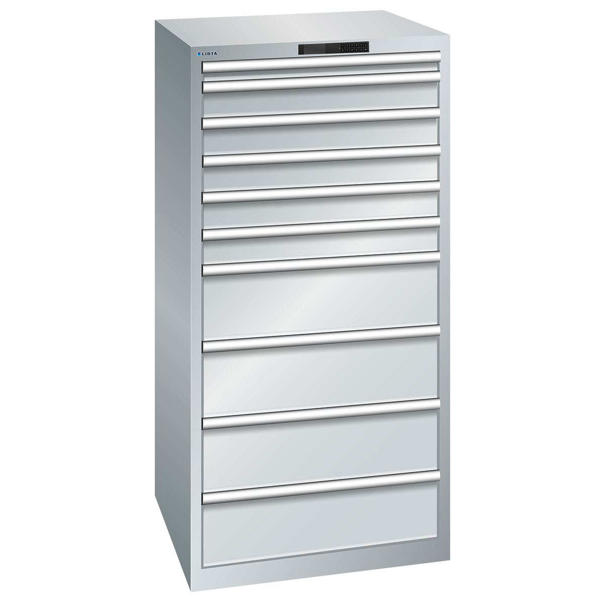 Lista armoire à tiroirs 36 x 36 E, 10 tiroirs, gris clair, Code Lock, hauteur 1450 mm