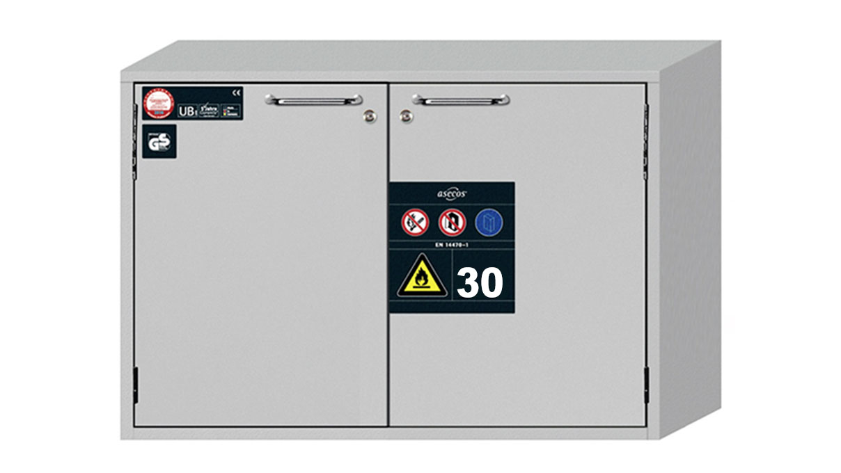Armoire de stockage sous paillasse type 30, largeur 110,2 cm, 2 portes battantes, 1 plateau perforé, 1 bac inférieur