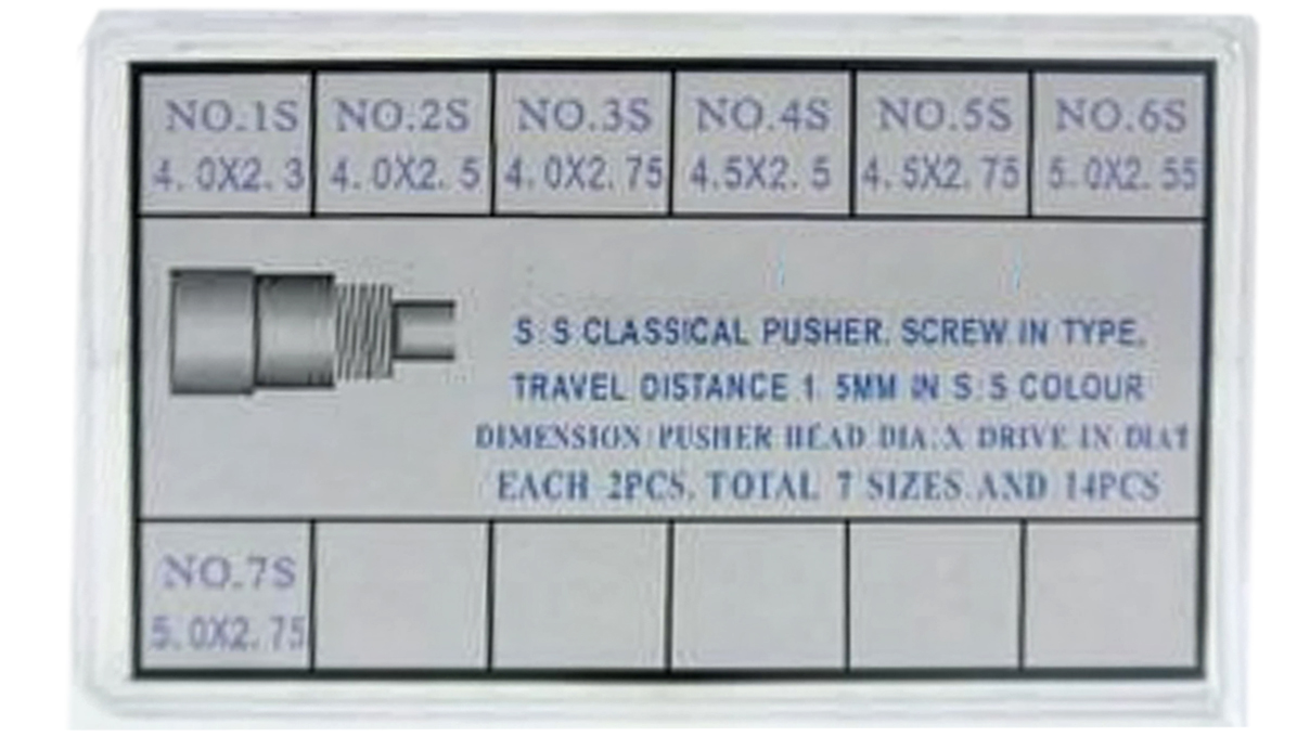 Assortiment de 14 poussoirs pour chronographes, à visser, en inox, 7 tailles, 2 pièces de chaque
(tête Ø 4 / 4,5 / 5 mm, tige Ø 2,3 - 2,75 mm)
