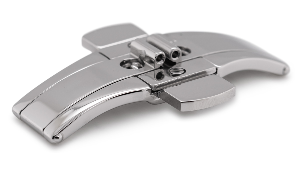 Fermoir déployant papillon pliable pour bracelets métalliques, poussoir/largeur/longueur: 6 mm, 12 mm, 40 mm, 2
boutons 23 mm, Couleur argentée, Acier inoxydable