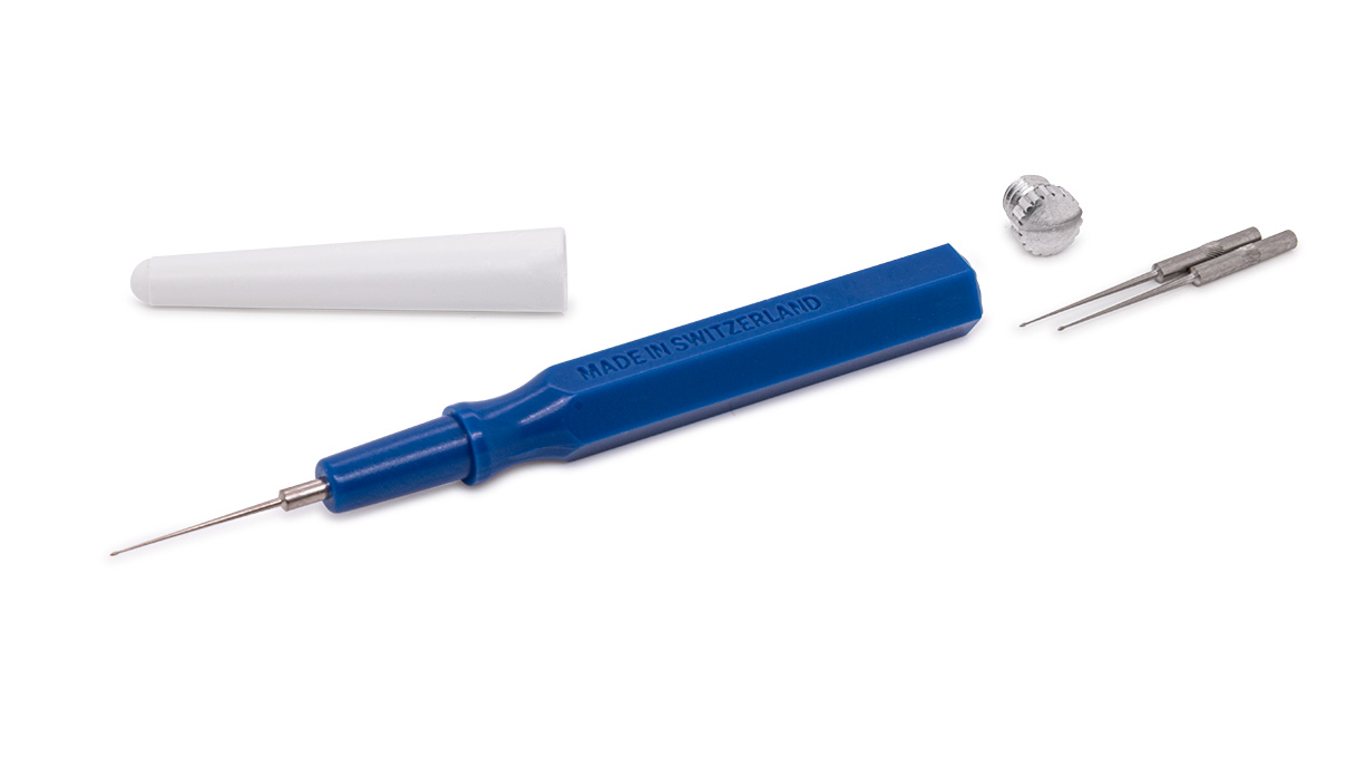 Pique-huile, bleu, bombé, fine, 0,3 mm, avec 2 pointes de rechange
