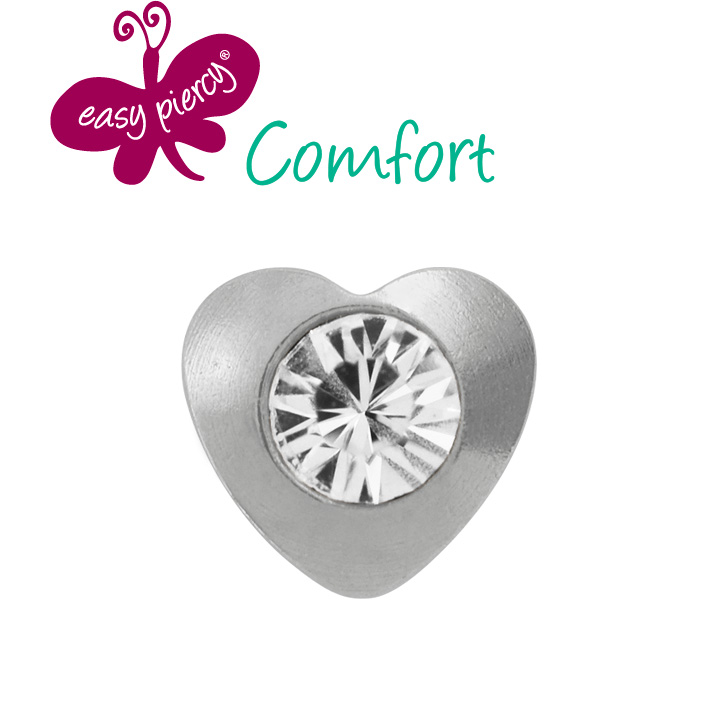 Easy Piercy Comfort 1 paire de boutons d'oreilles Ø 3,95 mm, blanc, coeur avec imitation de diamant
