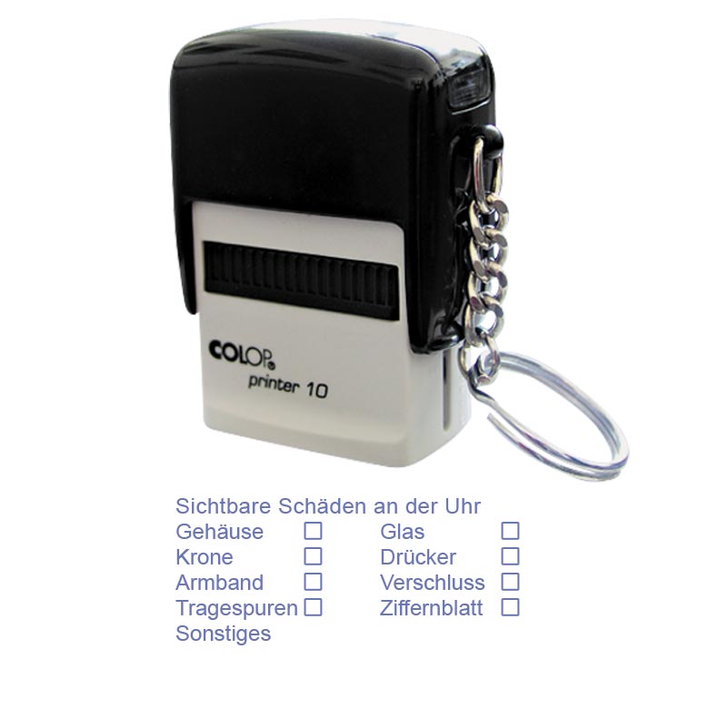 Tampon automatique couleur d'encre 'Sichtbare Schäden an der Uhr' dimensions 69x30 mm