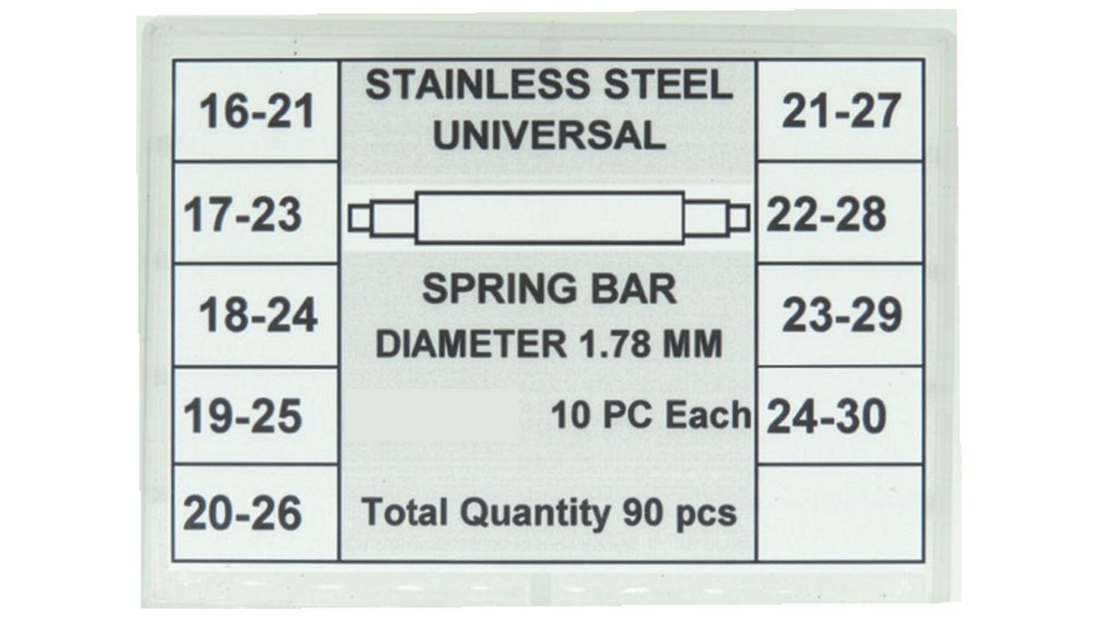 Assortiment de 90 barrettes à ressort, universelles, inox, blanches, Ø 1,78 mm, 10 x longueur 16-21 / 17-23
/ 18-24 / 19-25 / 20-26 / 21-27 / 22-28 / 23-29 / 24-30 mm