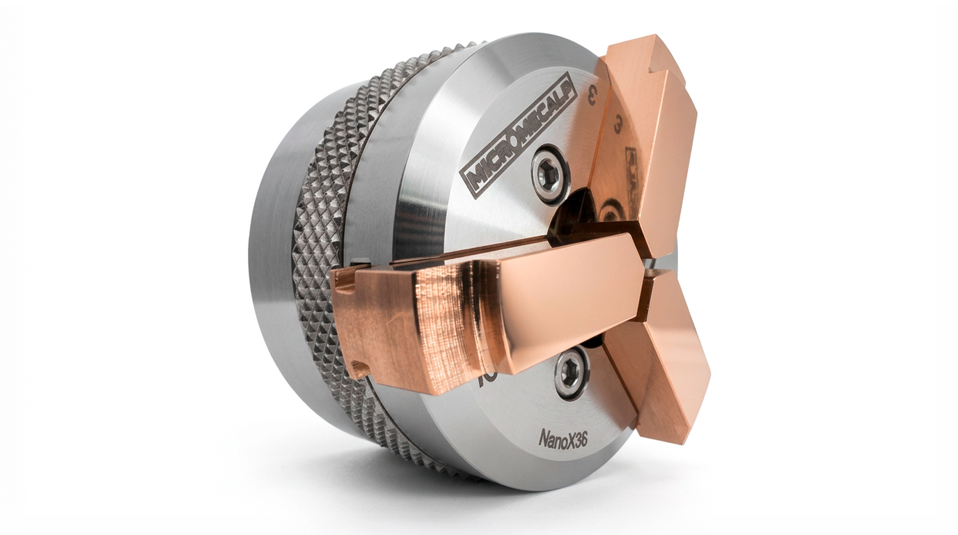Micromecalp Lapino avec Nano X36, chariot de lapidage avec réglage micrométrique, M14, incl. trois mandrins à pinces standard (Ø
40 mm de diamètre, adaptables individuellement), Nano X36 avec mâchoires en laiton variables