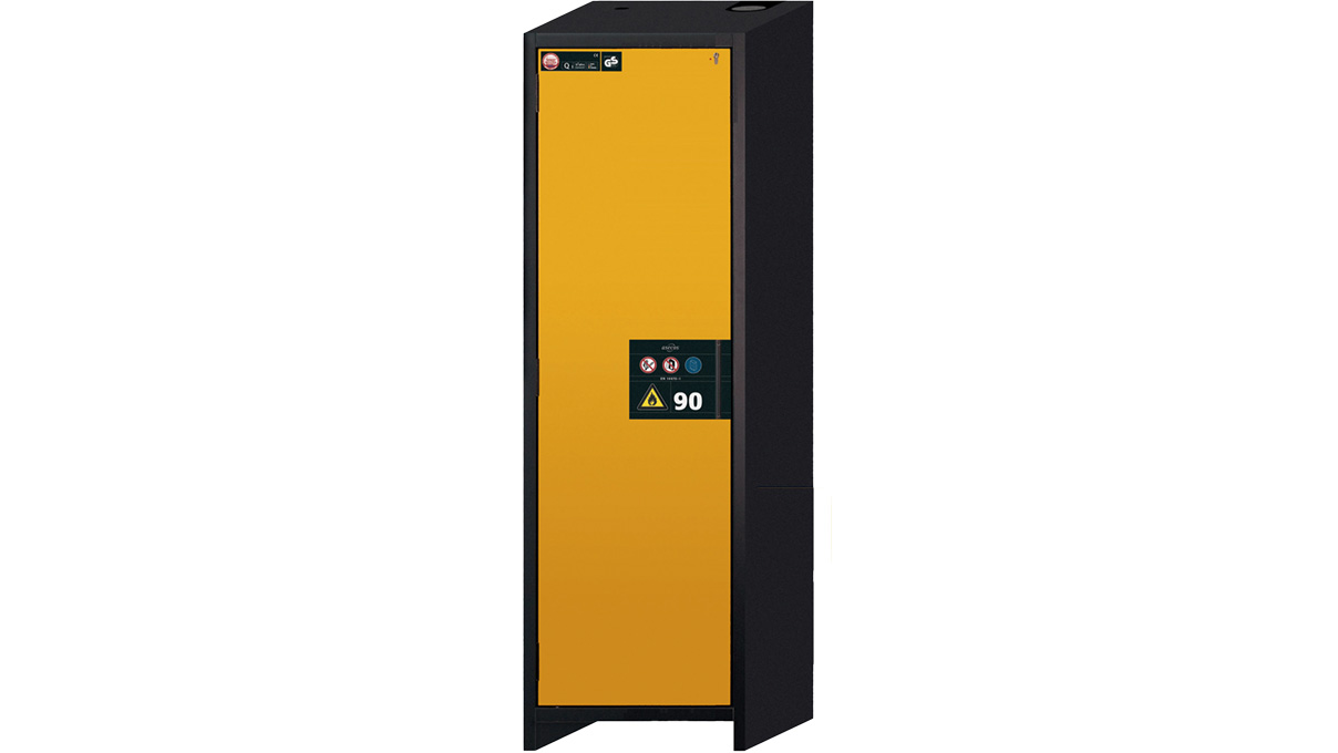 Armoire de sécurité type 90, avec fermeture de porte, anthracite/jaune, largeur 59,9 cm, 1 porte battante, 3 étagères, 1
plateau perforé, 1 bac inférieur