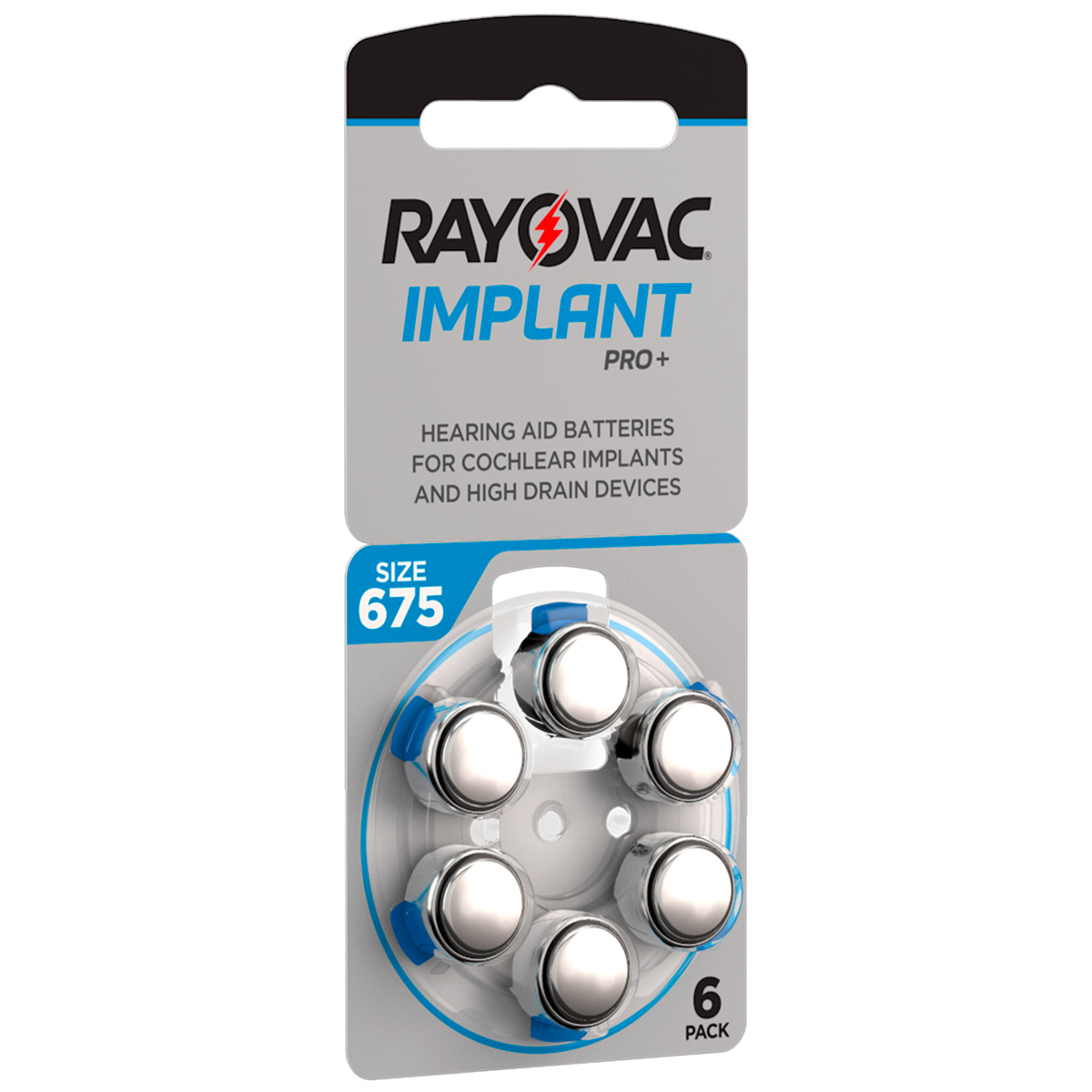 Rayovac Implant Pro+, 6 piles auditives No. 675pour les implants cochléaires, plaquette