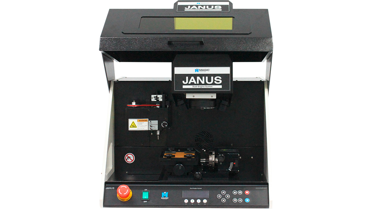 Magic Janus Hybrid 30 W, machine CNC de fraisage et de gravure laser avec dispositif de serrage rotatif pour la gravure de bagues et
caméra intégrée avec auto-focus