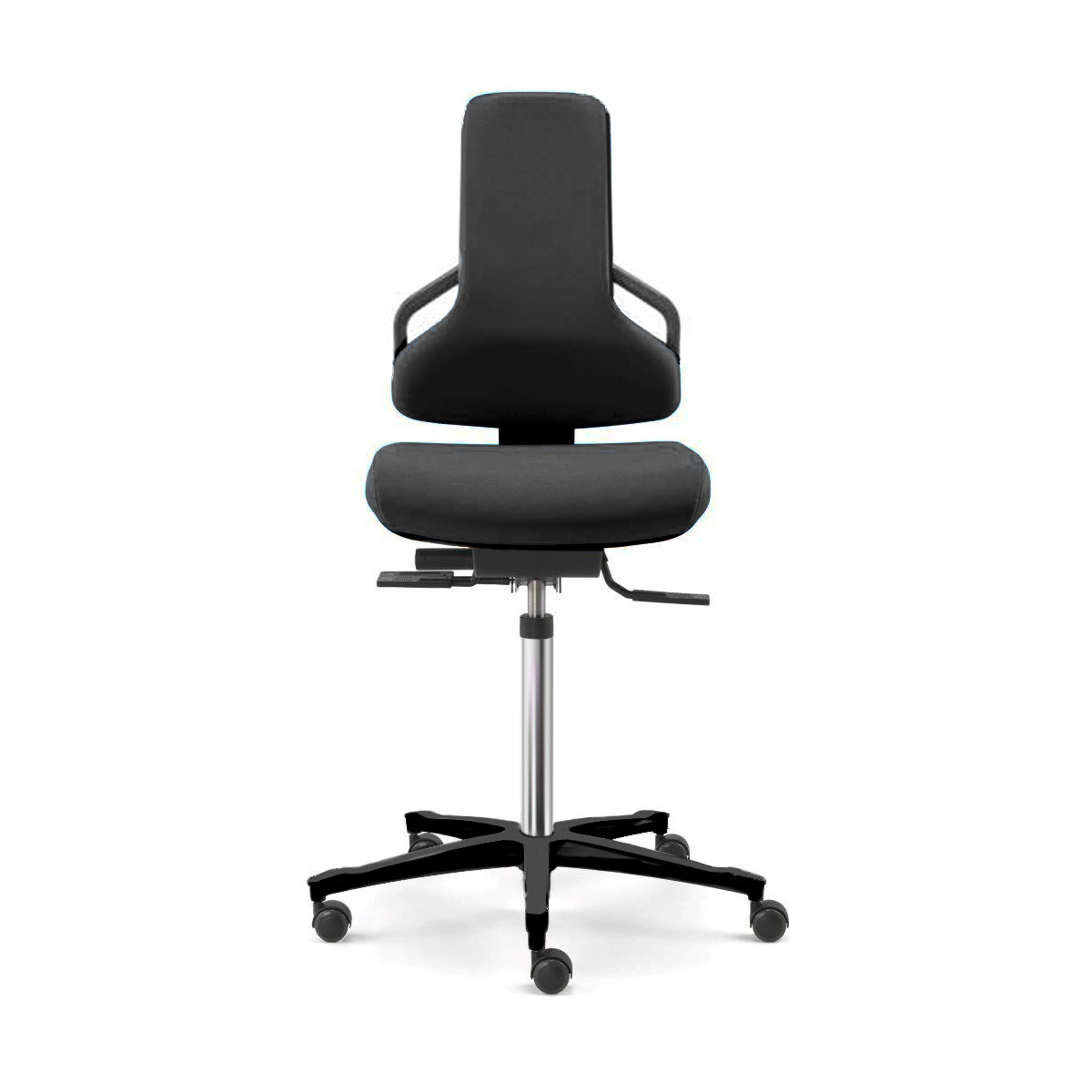 Dauphin chaise de travail, hauteur d'assise 45-65 cm, poignées de déplacement, revêtement noir, Tec profile, réglage de la profondeur d'assise (6
cm), piétement plastique noir
