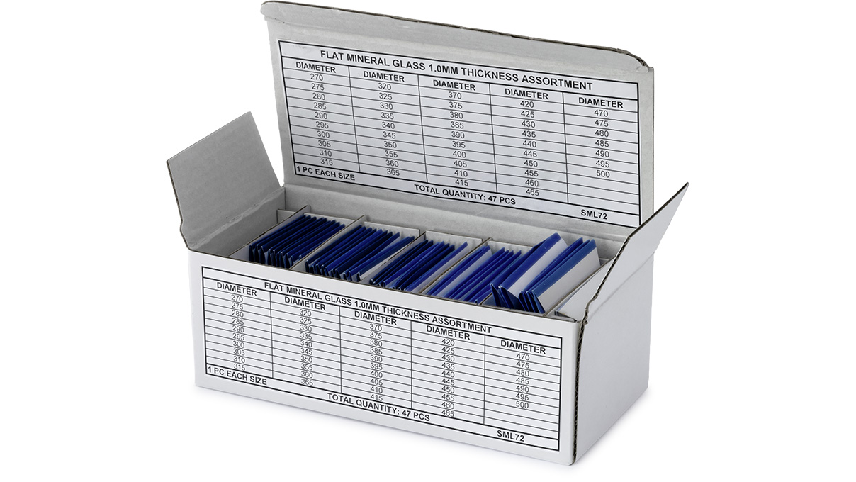 Assortiment de verres minéraux MS, Ø 27 - 50 mm, par paliers de 0,5 mm, épaisseur 1 mm, 47 pièces
