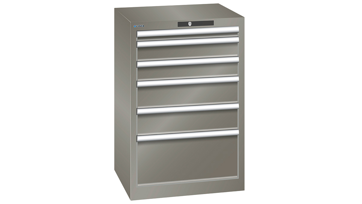 Lista armoire à tiroirs 27 x 27 E, 6 tiroirs, gris souris nacré, Key Lock, hauteur 850 mm