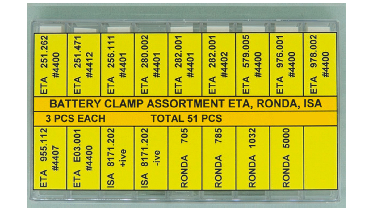 Étriers de batterie pour ETA, Ronda et ISA, 3 pièces par type, ETA : 251.262, 251.471, 256.111, 280.002, 282.001 (4401, 4402), 579.105,
976.001, 978.002, 955.112, 956.112, 980.003, E03.001 | ISA : 8171.202 (+ive & -ive) | RONDA : 705, 785, 1032, 51 pièces