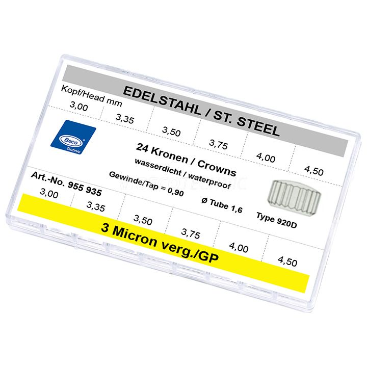 Assortiment 24 couronnes 920 D, étanches, inox et 3 µm OJ, Ø 3 - 4,5 mm, filetage 0,9 mm, tube 1,6 mm, court