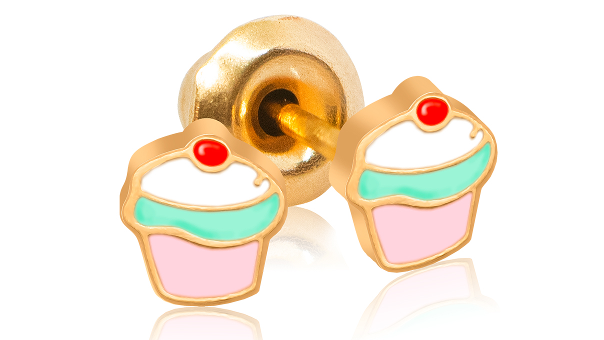 QPP Ohrstecker K16, Cupcake Emaille, Edelstahl gelb vergoldet, 1 Paar