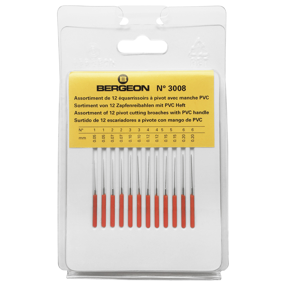 Bergeon 3008 Assortiment de 12 équarrissoirs à pivot, Ø 0,05 – 0,20 mm, 2 pieces par Ø
