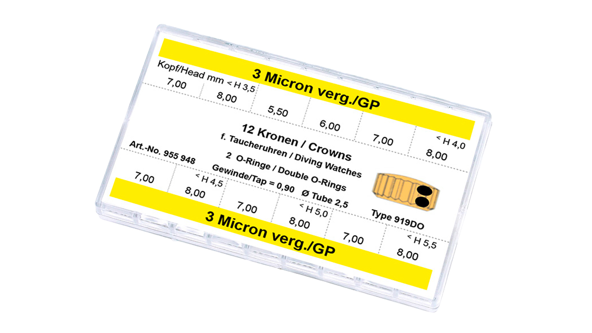 Assortiment de Couronne pour les montres de plongée 919DO, 12 pièce, 3 microns jaune, hauteur 3,5, Ø 7,0-8,0, hauteur 4,0, Ø 5,5-8,0, hauteur 4,5, Ø 7,0-8, 0, hauteur 5,0, Ø 7,0-8,0, hau teur 5,5, Ø 7,