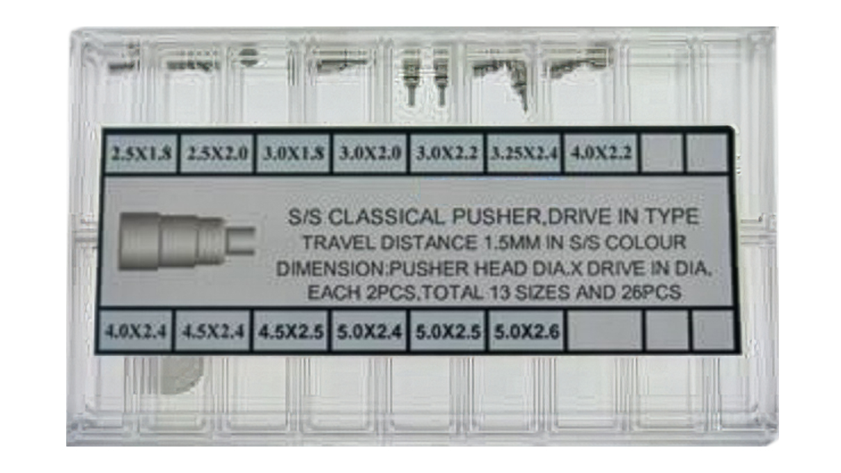 Assortiment de 14 poussoirs pour chronographes, à enfoncer, 13 tailles, 2 pièces de chaque
(tête Ø 2,5 - 5 mm, tige Ø 1,8 - 2,6 mm)