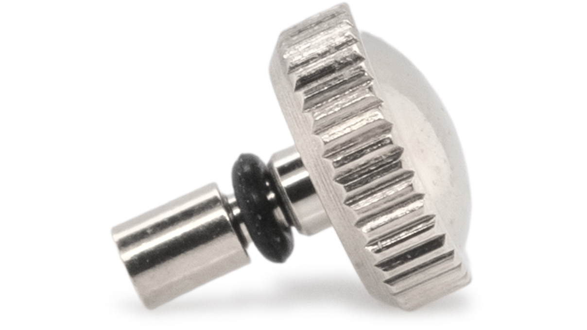 Couronne étanche, Forme japonaise, Acier inoxydable, Blanc, Tête Ø 3 mm, Filetage Ø 0,6 mm